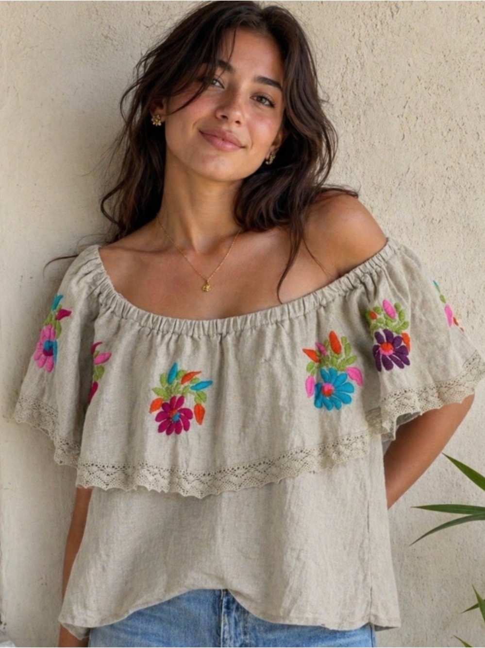 Ivy Jane Womens XS Linen Top Embroidered Ruffle Collar Boho Peasant
